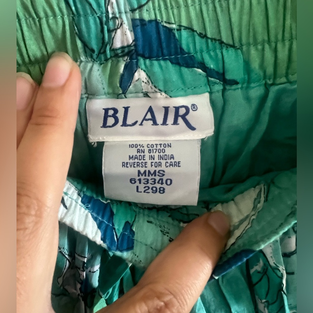 100% Cotton Vintage Blue and Green Floral Maxi Skirt with Elastic Band Large - Picture 3 of 8